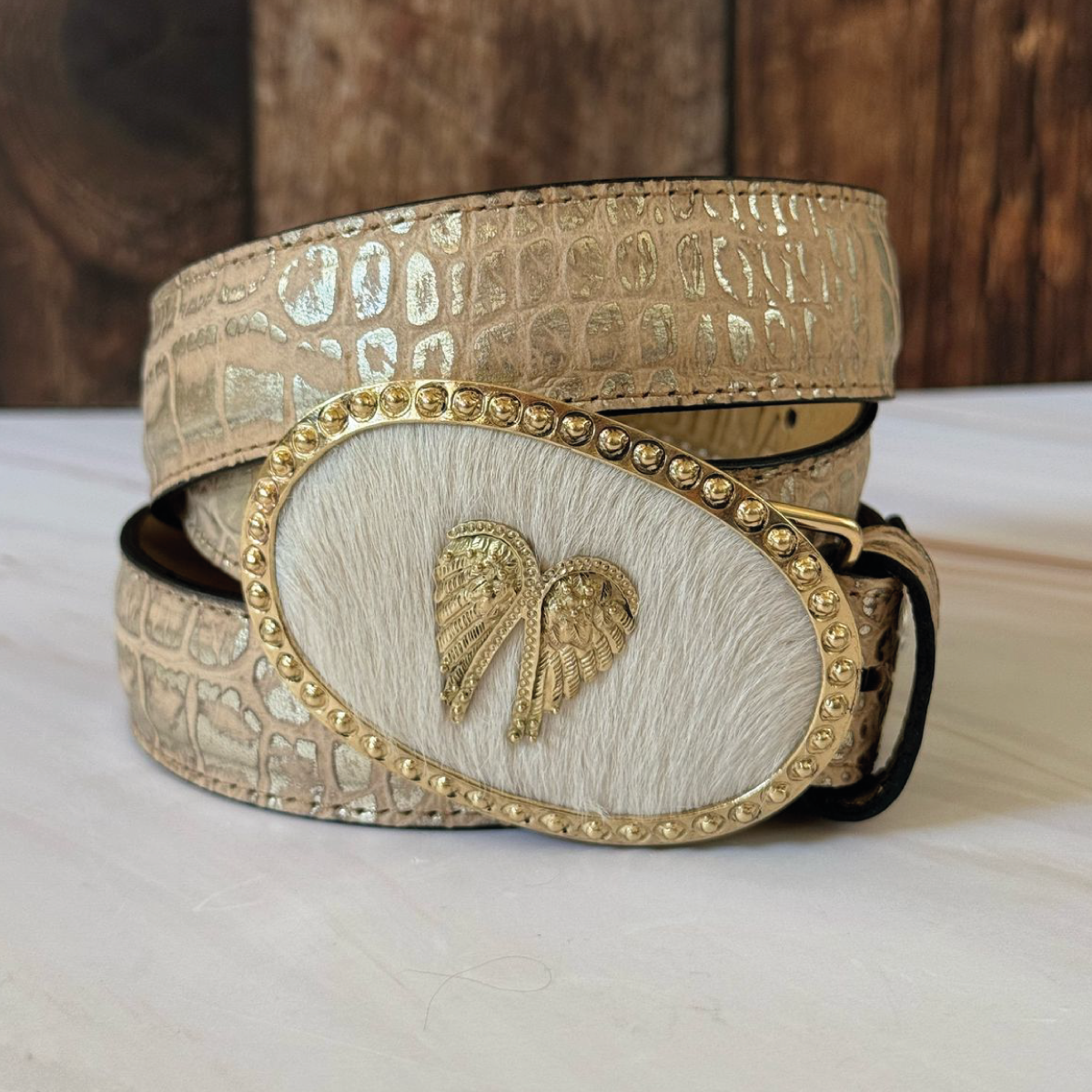 Cinturón beige pelo blanco